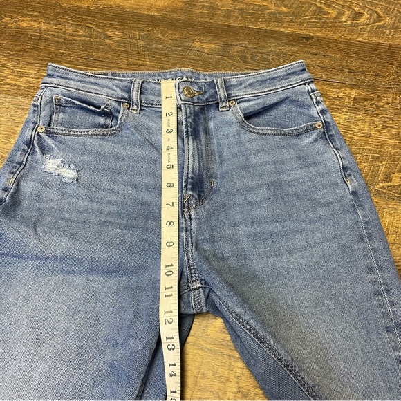 American Eagle Mom Jeans Womens 6 LONG High Rise Stretch Blue Denim Distressed - Picture 6 of 10